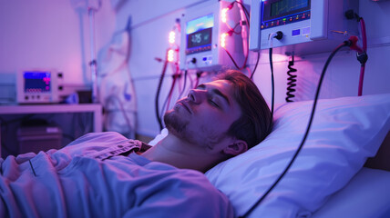Man resting in a hospital bed with monitors