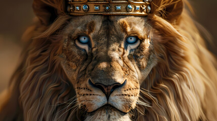 Face of a lion with a king's crown and blue eyes