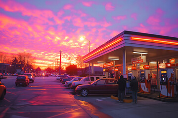 A gas station at dusk with multiple cars parked in front, customers fueling up their vehicles, and standard scales visible - obrazy, fototapety, plakaty