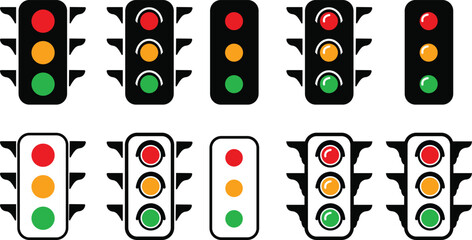 Set of traffic lights. signal icons. Semaphore design Vector . Collection of Traffic control signal with red, yellow and green color flat and liner for apps and web isolated on transparent background