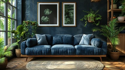 modern living room mock up with leather armchair on wood flooring and dark blue wall