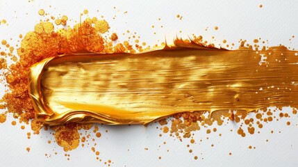 Gold (bronze) glittering color smear brush stroke blot on white background. Abstract paint texture.