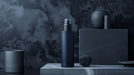 Dark-toned cosmetic products on marble