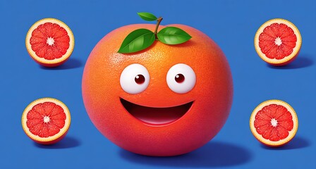 A smiling orange with a slice of grapefruit on its head.