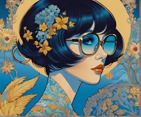 青アールヌーヴォースタイル花とショートボブ眼鏡の女性の横顔アンティークレトロイラスト
