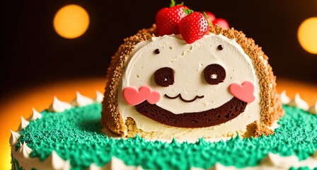 A cake with a smiling face on top of it.