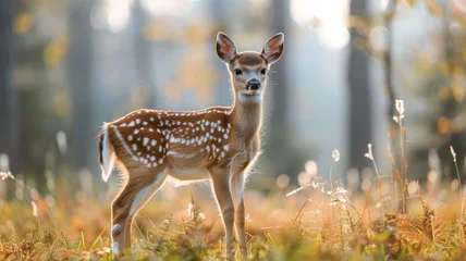 Zelfklevend Fotobehang Young deer in a sunlit forest. © SashaMagic