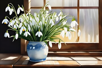  Snowdrops in a vase on a window sill, brightening up the room with delicate white flowers.
