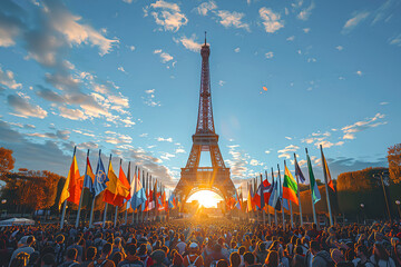 Show a crowd of Olympic fans gathered at the Eiffel Tower, flags in hand, creating a mosaic of international symbols.