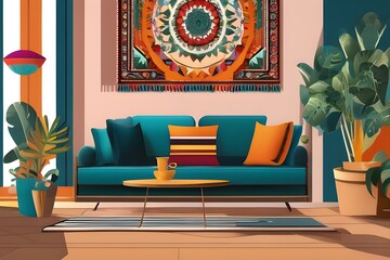  A modern living room with a stylish couch, rug, and plants.