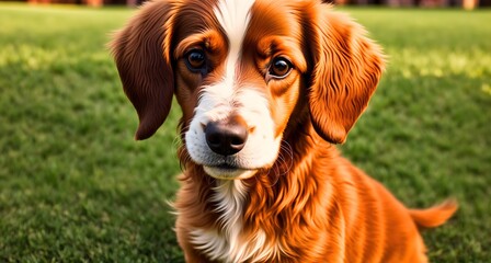 A brown and white puppy sitting on the grass with its tongue hanging out of its mouth.