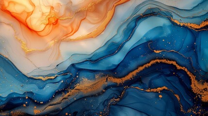An abstract painting with brown, blue, and gold colors in alcohol ink on a marble background.