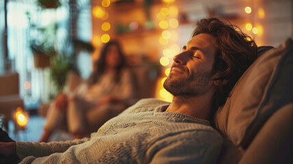 Obraz premium Man relaxing on couch, woman in background