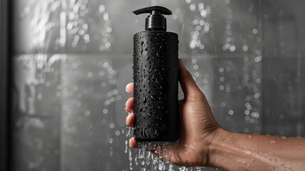 Hand holding a black soap dispenser with water droplets - obrazy, fototapety, plakaty