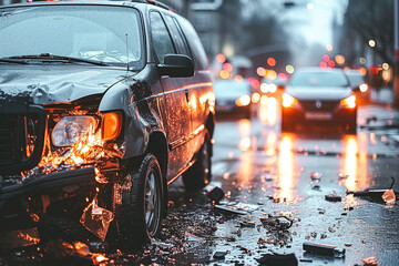 A car is parked by the side of the road, showing a potential moment leading to an accident. The vehicle appears stationary, with no visible signs of damage or activity around it - obrazy, fototapety, plakaty