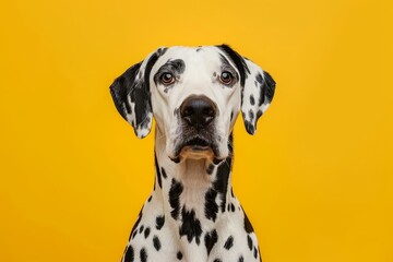 Spotted large dog in front of a yellow background