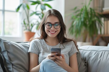 Smiling young woman using smart phone sitting on couch