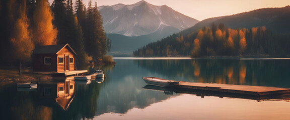 A tranquil lake surrounded by mountains, with a cabin on the shore, boats, and a sunset, heavily...