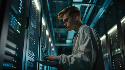 Side view of young man using laptop while standing in server room. - obrazy, fototapety, plakaty