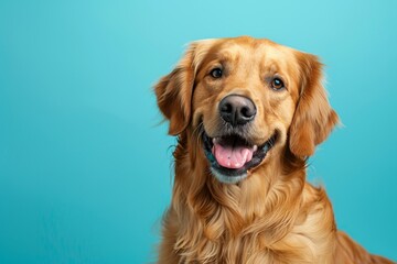 Studio headshot of Golden Retriever smiling against a blue background