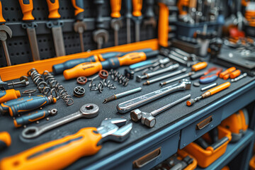 A close-up view of various tools commonly used in auto mechanics neatly organized on a table. The tools include screwdrivers, wrenches, pliers, hammers, and sockets among others - obrazy, fototapety, plakaty
