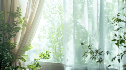 Morning sunlight filters through sheer curtains beside potted plant by window - obrazy, fototapety, plakaty