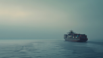Large cargo ship with containers sailing on calm ocean foggy horizon