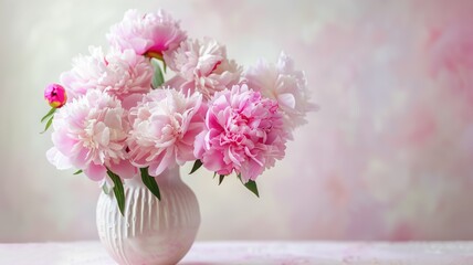 Vibrant bouquet of pink peonies in white vase against soft pastel background