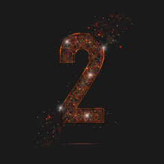 Abstract isolated orange image of a number two. Polygonal illustration looks like stars in the blask night sky in spase or flying glass shards. Digital design for website, web, internet. © Katsiaryna