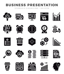 Set of 25 Business Presentation Glyph Icons Pack.