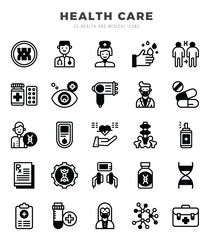 Collection of HEALTH CARE 25 Lineal Fill Icons Pack.