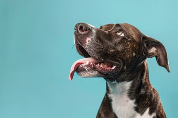 studio headshot portrait of dark brown and white medium mixed breed dog licking with tongue to side against turquoise background - obrazy, fototapety, plakaty