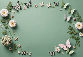 Naklejka na ściany i meble a few flowers and butterflies. The overall green tone is e-commerce style, minimalist and exquisite