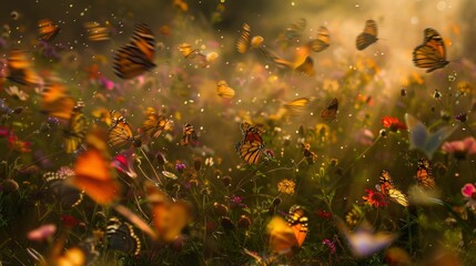 A swarm of butterflies fluttering in a sunlit meadow, the myriad of colors creating a dynamic tapestry against the backdrop of wildflowers, a celebration of nature's diversity and beauty