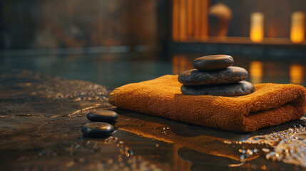 The India brown towel with hot stones on it in the spa salon background. stock photo contest winner, award winning photography, stock photo, professional color grading, soft shadows, no contrast