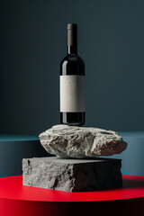 A stylish promotional photo of an expensive wine in a bottle among the stones. A bottle of wine on the pedestal or podium in trendy colors and shades