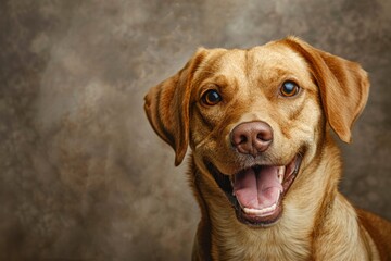 Studio portrait of a tan smiling dog