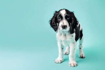 Studio portrait of black and white English Springer Spaniel puppy standing and looking forward against a teal light blue background