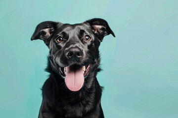 Studio portrait of black mixed breed rescue dog sitting and smiling with tongue out looking forward against a light blue teal background