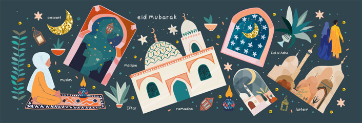 Naklejka premium Ramadan Kareem. Eid Mubarak. Eid al Adha. Eid al Fitr. Vector illustration of a mosque , a Muslim woman praying, window, people, arch, crescent, building, city for greeting card or banner