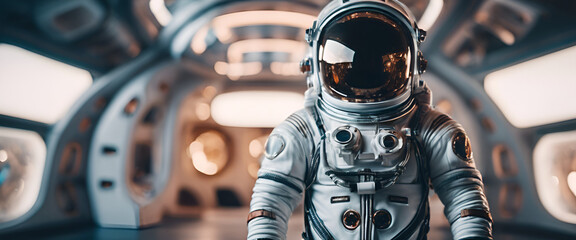 A cinematic scene of an astronaut standing in the corridor, with a spaceship interior background in a futuristic style in the style of a scifi movie - obrazy, fototapety, plakaty