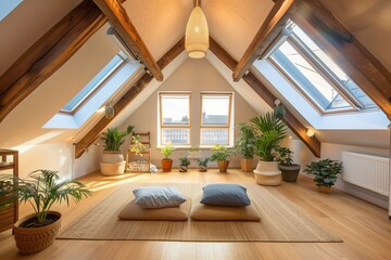 Eco-friendly attic conversion with a focus on sustainability, featuring reclaimed wood beams, bamboo flooring, and energy