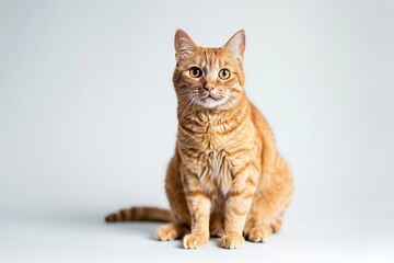 Studio portrait of rescued orange tabby cat sitting and looking forward against a white background