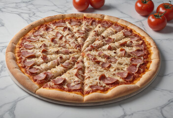 Close up of Naples pizza, with appetite, cheese shreds, tempting cuisine, 90 degree perspective, Simple white marble background