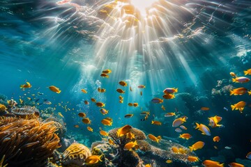 Fototapeta na wymiar Sun light streaming through the surface of the ocean with tropical fish swimming by