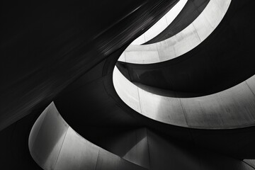 Architectural spiral staircase in monochrome with a mesmerizing play of curves and light, suited for abstract and design uses.

