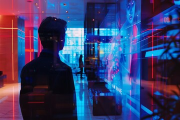 Futuristic portrait of a silhouette against neon lights, depicting technology, data and modern...