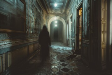Mysterious figure in a dark, spooky corridor, perfect for themes of horror, suspense, and the supernatural.

