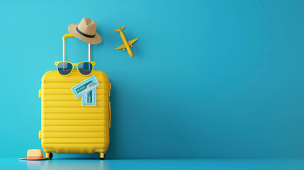 3d render of yellow suitcase with sunglasses, hat and plane ticket flying on blue background. Travel concept. Minimal style illustration. 