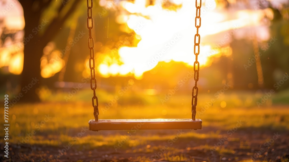 Poster empty swing at sunset in peaceful park setting with warm light filtering through trees